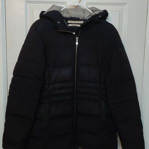 Tommy Hilfiger Black Down Filled Puffer Jacket Quilted Hooded Winter Coat Sz M